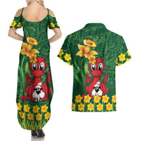 Saint David's Day Couples Matching Summer Maxi Dress and Hawaiian Shirt Welsh Dragons Yellow Daffodils - Wonder Print Shop