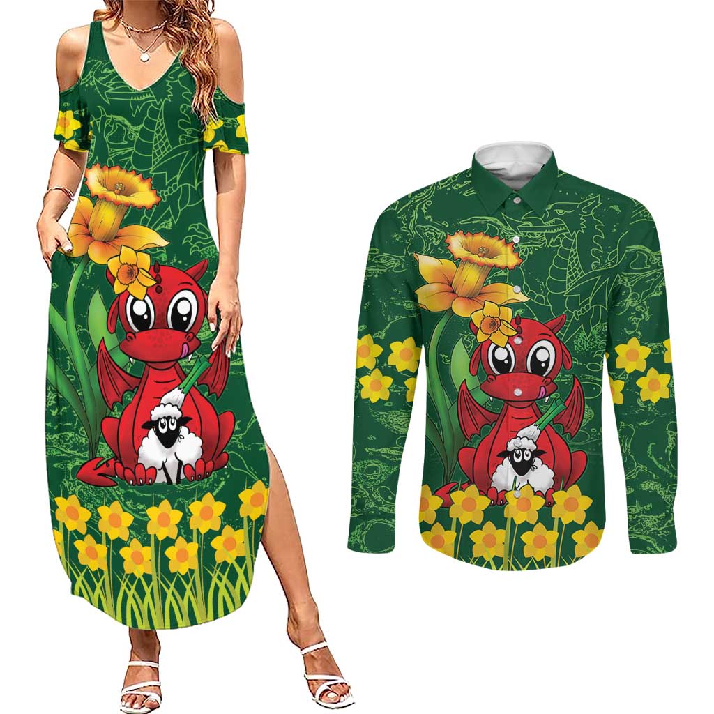 Saint David's Day Couples Matching Summer Maxi Dress and Long Sleeve Button Shirt Welsh Dragons Yellow Daffodils - Wonder Print Shop