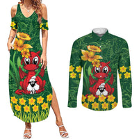 Saint David's Day Couples Matching Summer Maxi Dress and Long Sleeve Button Shirt Welsh Dragons Yellow Daffodils - Wonder Print Shop