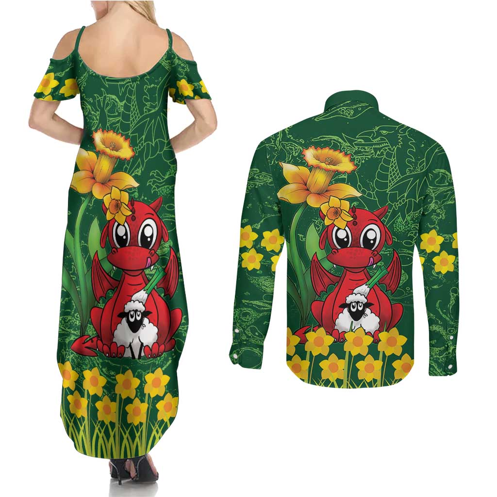 Saint David's Day Couples Matching Summer Maxi Dress and Long Sleeve Button Shirt Welsh Dragons Yellow Daffodils - Wonder Print Shop