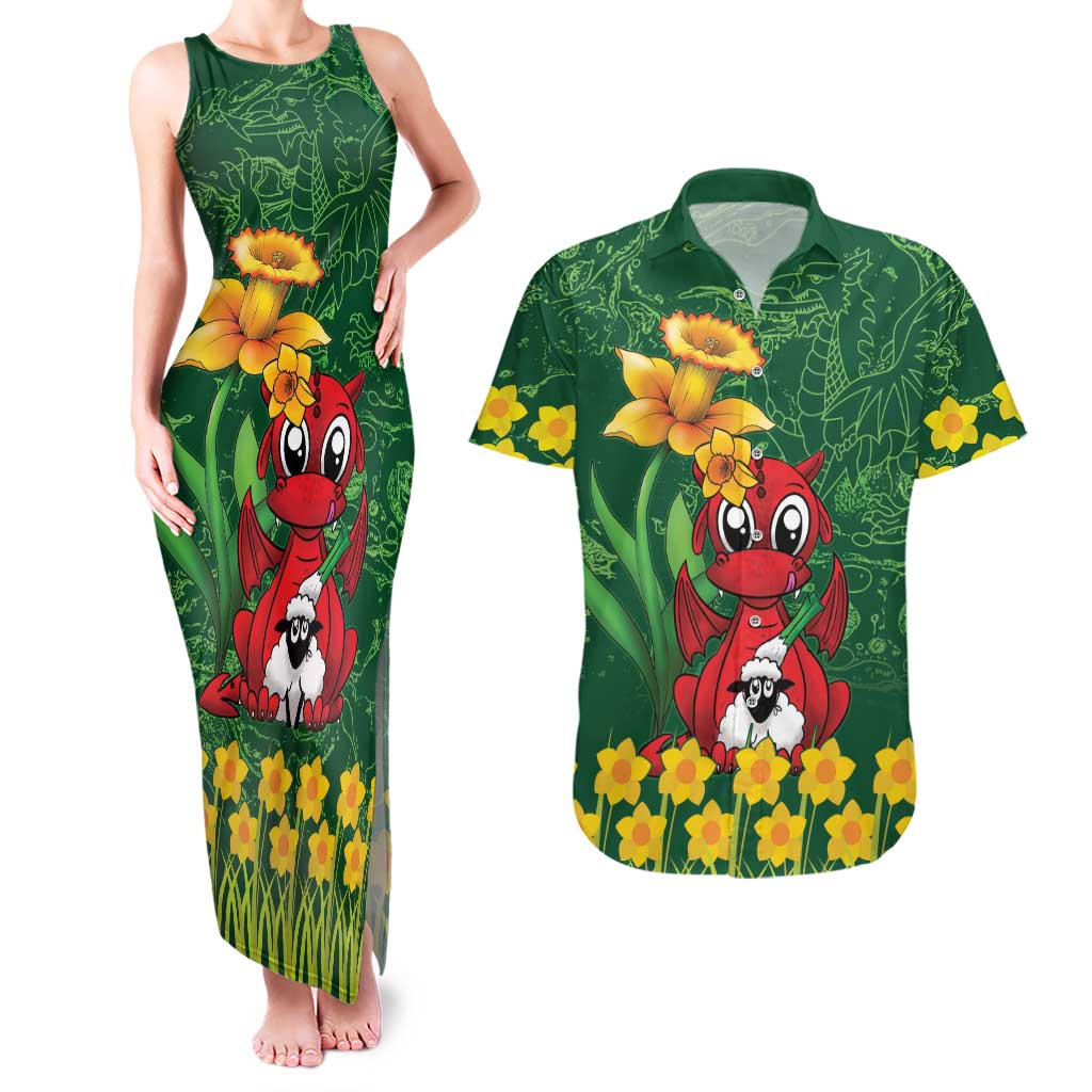 Saint David's Day Couples Matching Tank Maxi Dress and Hawaiian Shirt Welsh Dragons Yellow Daffodils - Wonder Print Shop