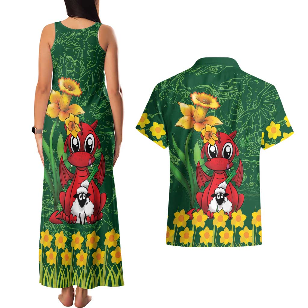 Saint David's Day Couples Matching Tank Maxi Dress and Hawaiian Shirt Welsh Dragons Yellow Daffodils - Wonder Print Shop