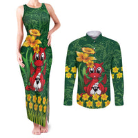 Saint David's Day Couples Matching Tank Maxi Dress and Long Sleeve Button Shirt Welsh Dragons Yellow Daffodils - Wonder Print Shop