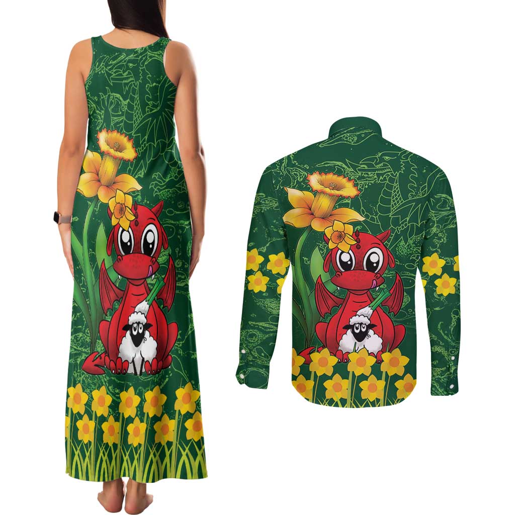 Saint David's Day Couples Matching Tank Maxi Dress and Long Sleeve Button Shirt Welsh Dragons Yellow Daffodils - Wonder Print Shop