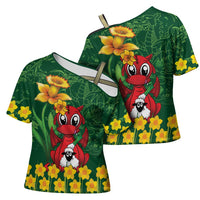 Saint David's Day Cross Shoulder Shirt Welsh Dragons Yellow Daffodils - Wonder Print Shop