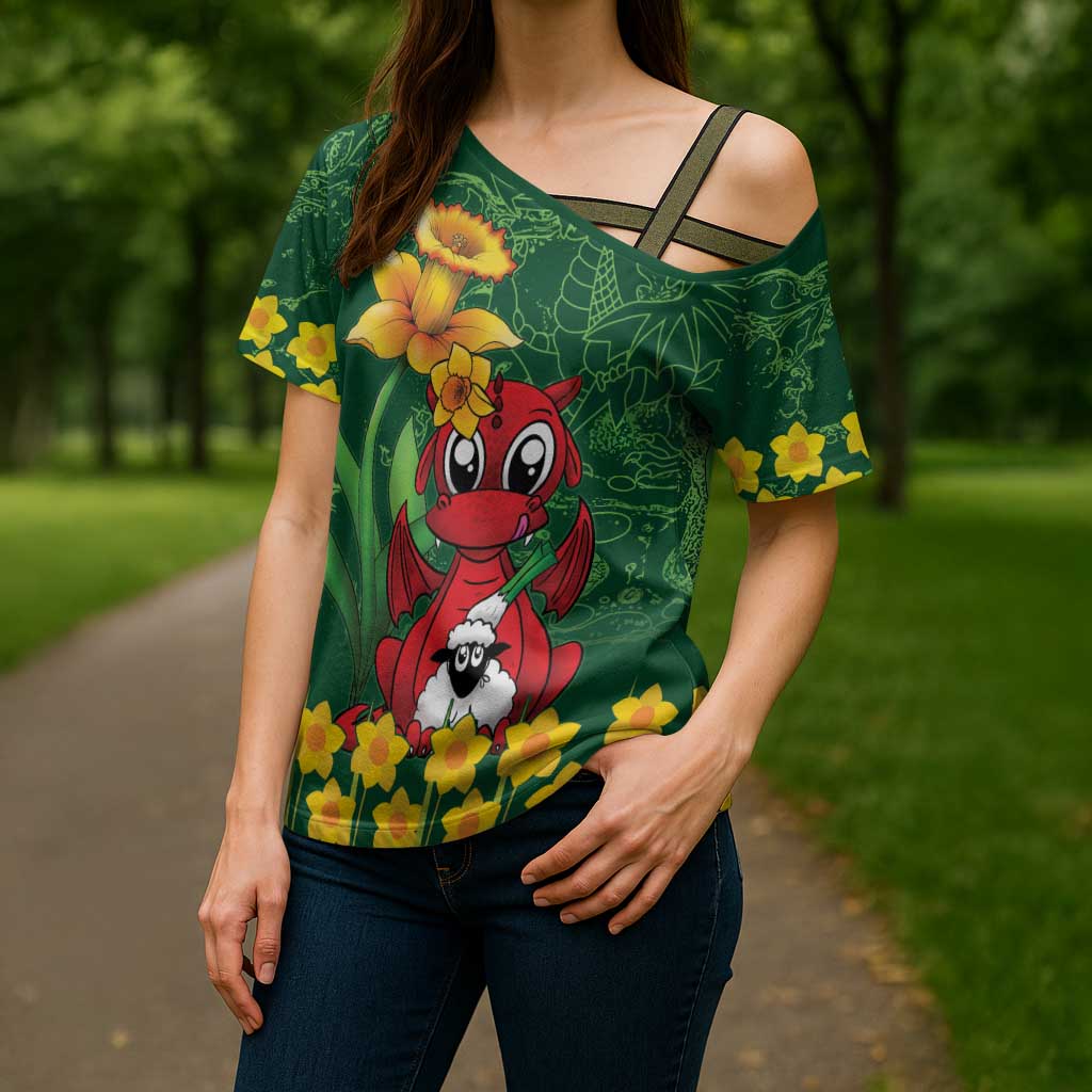 Saint David's Day Cross Shoulder Shirt Welsh Dragons Yellow Daffodils - Wonder Print Shop
