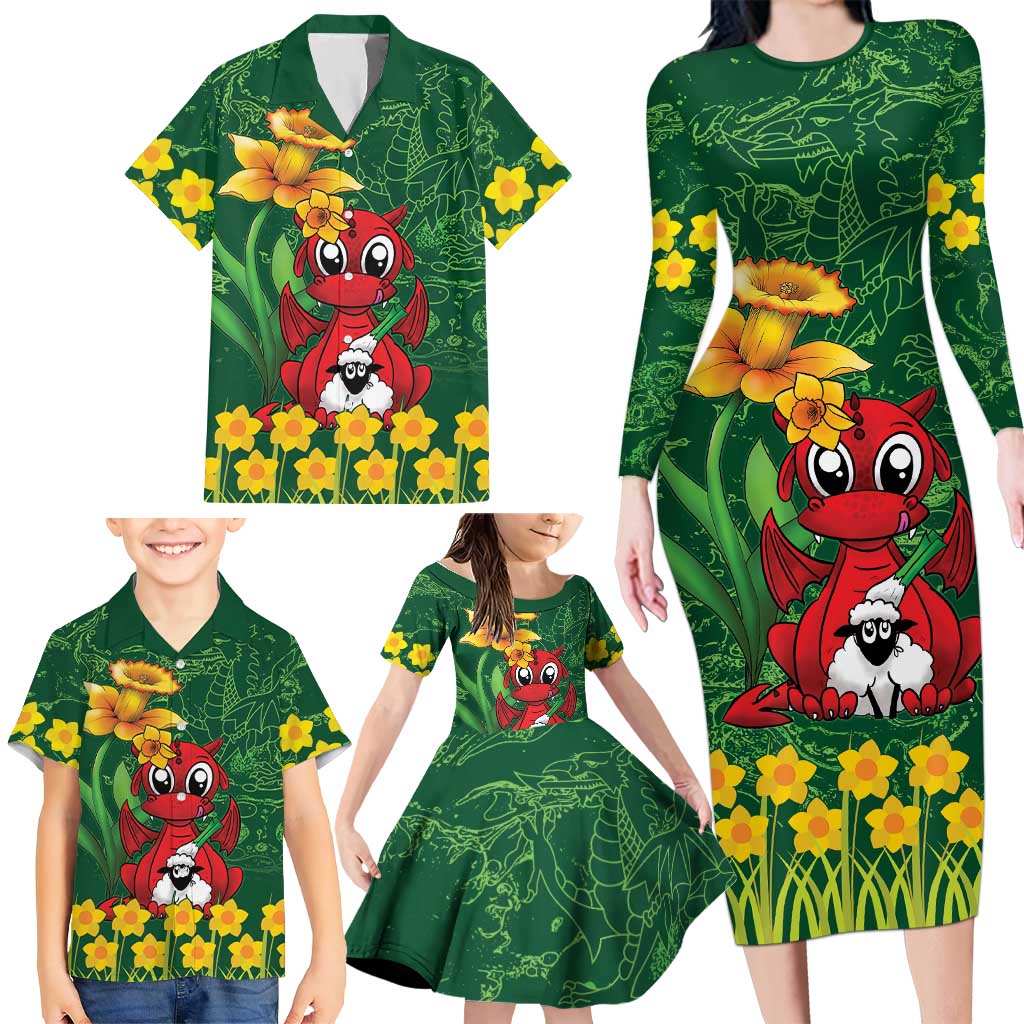 Saint David's Day Family Matching Long Sleeve Bodycon Dress and Hawaiian Shirt Welsh Dragons Yellow Daffodils - Wonder Print Shop