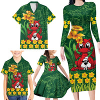 Saint David's Day Family Matching Long Sleeve Bodycon Dress and Hawaiian Shirt Welsh Dragons Yellow Daffodils - Wonder Print Shop
