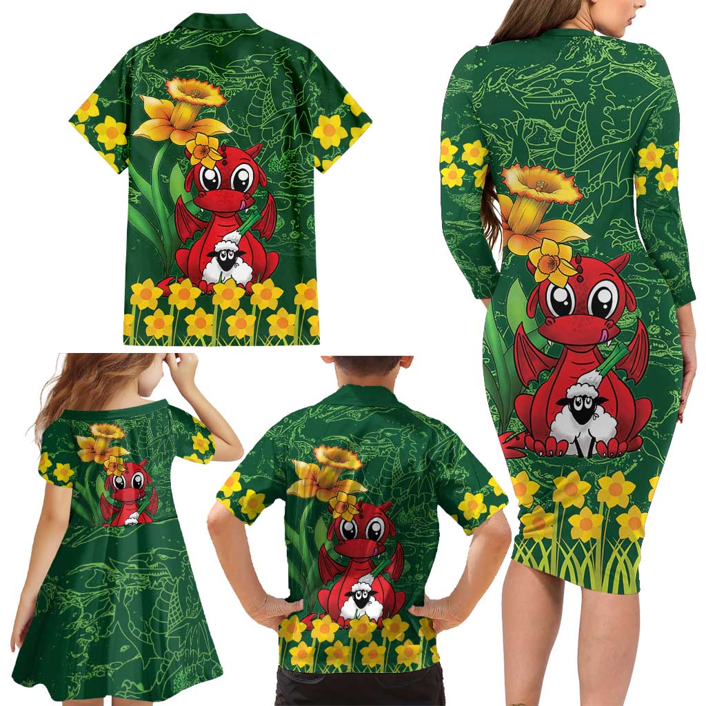 Saint David's Day Family Matching Long Sleeve Bodycon Dress and Hawaiian Shirt Welsh Dragons Yellow Daffodils - Wonder Print Shop
