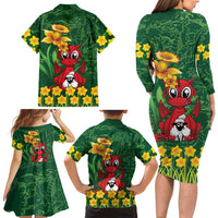 Saint David's Day Family Matching Long Sleeve Bodycon Dress and Hawaiian Shirt Welsh Dragons Yellow Daffodils - Wonder Print Shop