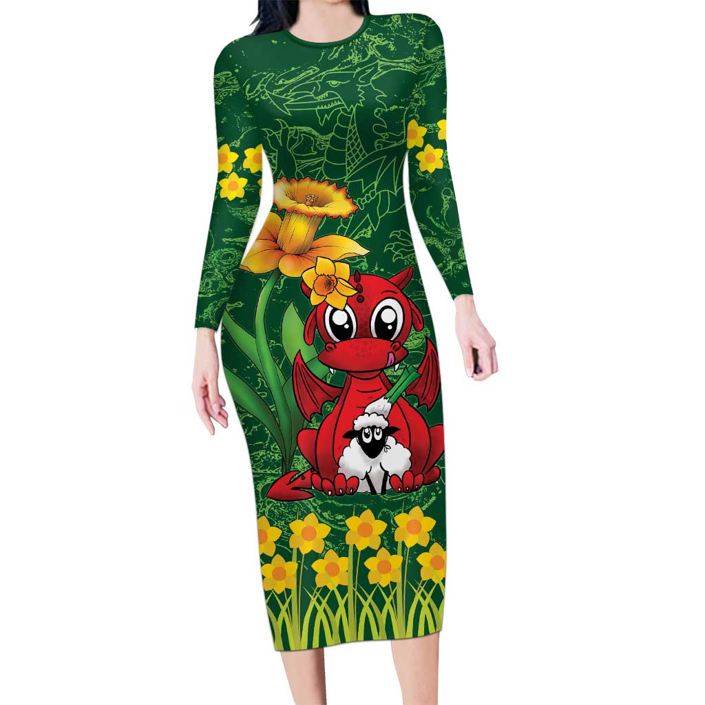 Saint David's Day Family Matching Long Sleeve Bodycon Dress and Hawaiian Shirt Welsh Dragons Yellow Daffodils - Wonder Print Shop