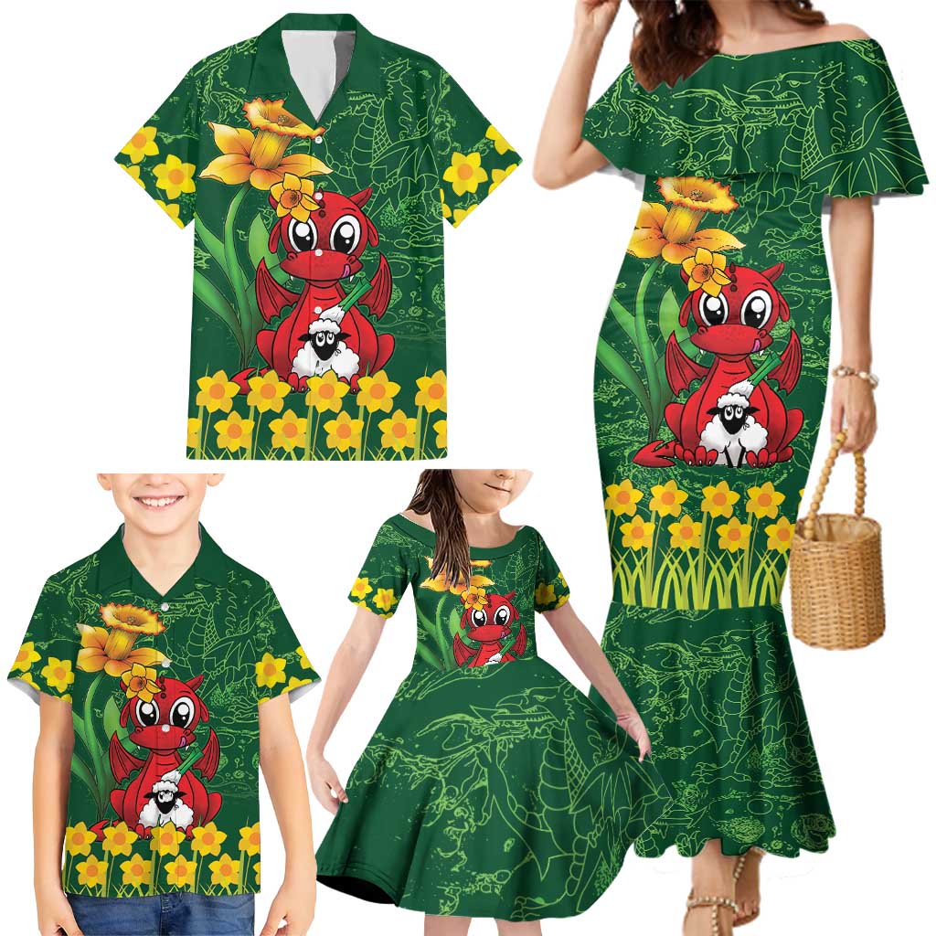 Saint David's Day Family Matching Mermaid Dress and Hawaiian Shirt Welsh Dragons Yellow Daffodils - Wonder Print Shop