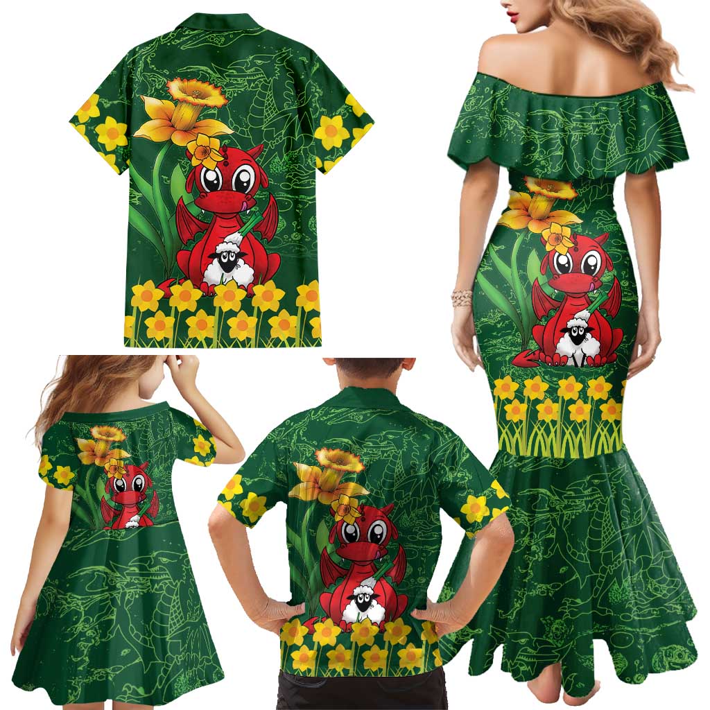 Saint David's Day Family Matching Mermaid Dress and Hawaiian Shirt Welsh Dragons Yellow Daffodils - Wonder Print Shop