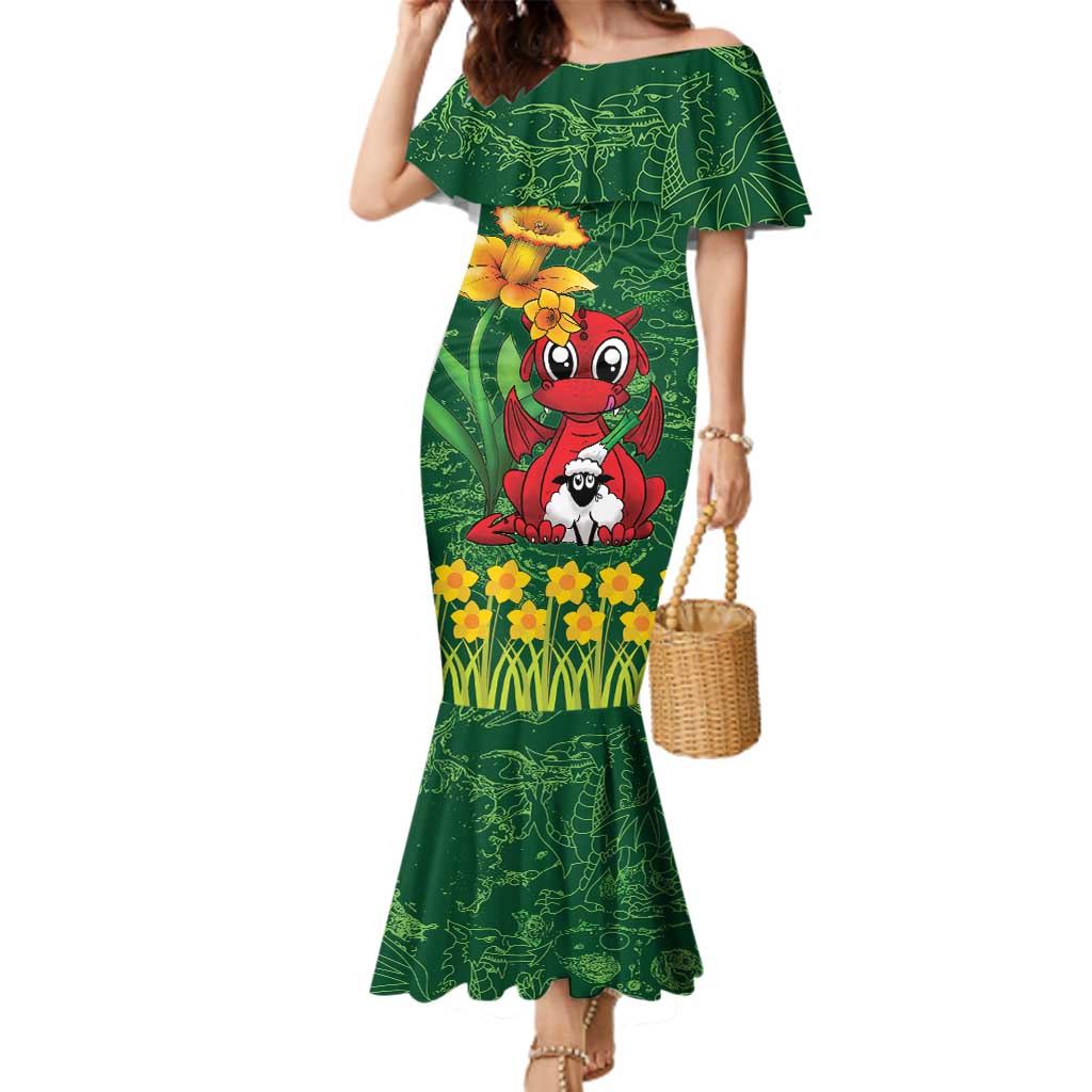 Saint David's Day Family Matching Mermaid Dress and Hawaiian Shirt Welsh Dragons Yellow Daffodils - Wonder Print Shop
