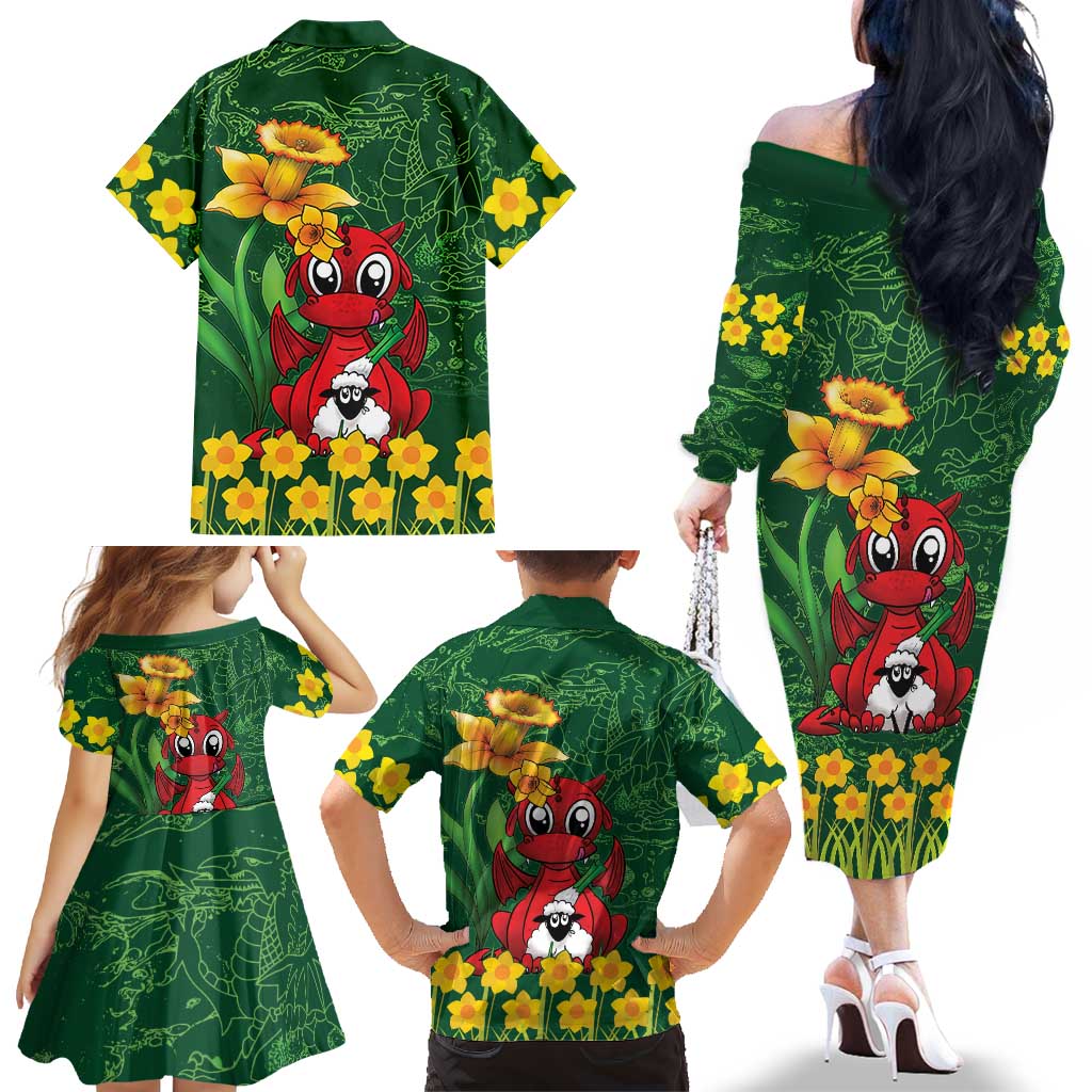 Saint David's Day Family Matching Off The Shoulder Long Sleeve Dress and Hawaiian Shirt Welsh Dragons Yellow Daffodils - Wonder Print Shop