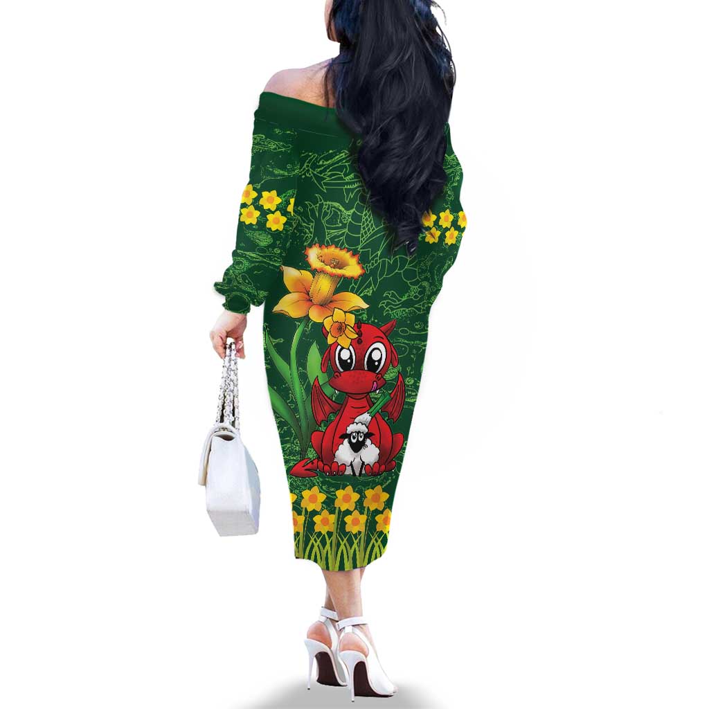 Saint David's Day Family Matching Off The Shoulder Long Sleeve Dress and Hawaiian Shirt Welsh Dragons Yellow Daffodils - Wonder Print Shop