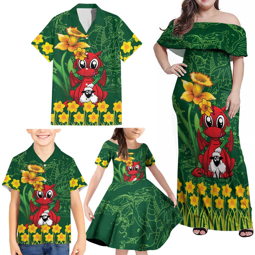 Saint David's Day Family Matching Off Shoulder Maxi Dress and Hawaiian Shirt Welsh Dragons Yellow Daffodils - Wonder Print Shop