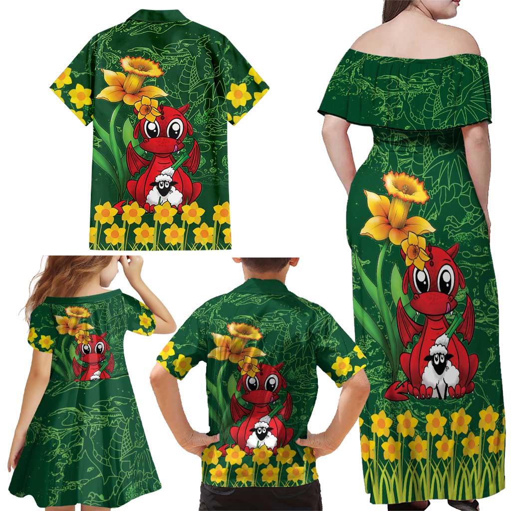 Saint David's Day Family Matching Off Shoulder Maxi Dress and Hawaiian Shirt Welsh Dragons Yellow Daffodils - Wonder Print Shop