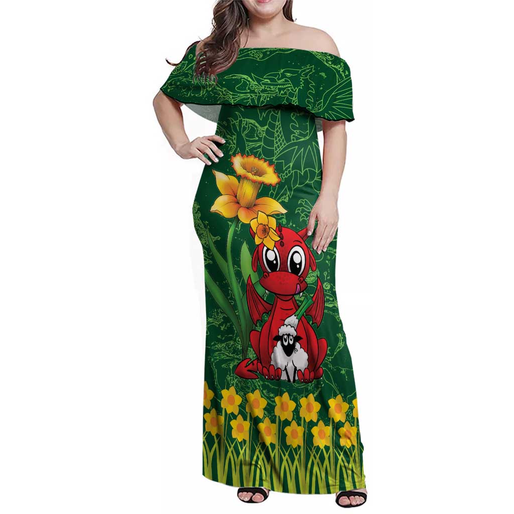 Saint David's Day Family Matching Off Shoulder Maxi Dress and Hawaiian Shirt Welsh Dragons Yellow Daffodils - Wonder Print Shop