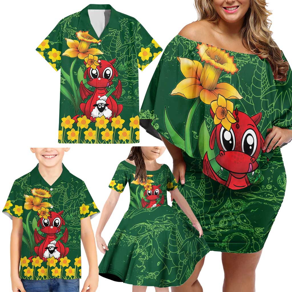 Saint David's Day Family Matching Off Shoulder Short Dress and Hawaiian Shirt Welsh Dragons Yellow Daffodils - Wonder Print Shop