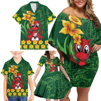 Saint David's Day Family Matching Off Shoulder Short Dress and Hawaiian Shirt Welsh Dragons Yellow Daffodils - Wonder Print Shop