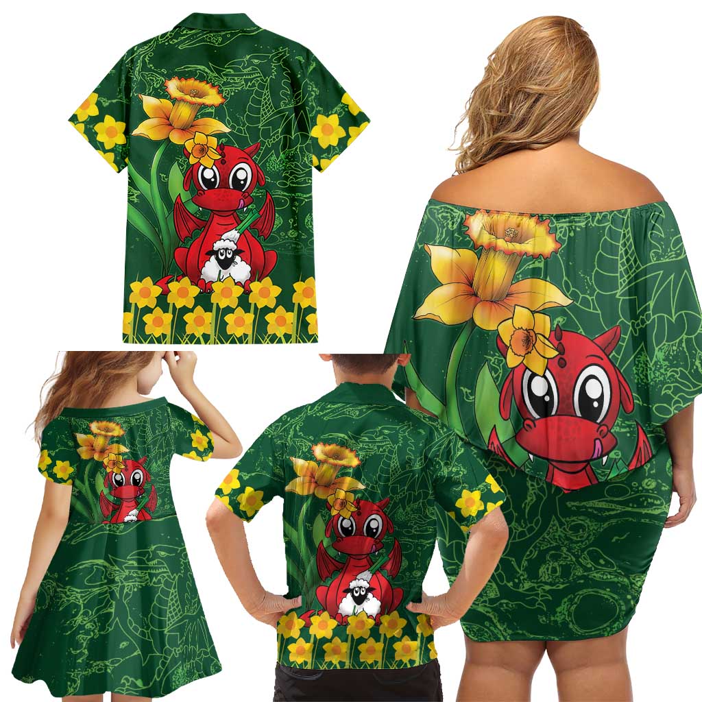 Saint David's Day Family Matching Off Shoulder Short Dress and Hawaiian Shirt Welsh Dragons Yellow Daffodils - Wonder Print Shop