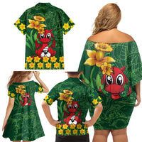 Saint David's Day Family Matching Off Shoulder Short Dress and Hawaiian Shirt Welsh Dragons Yellow Daffodils - Wonder Print Shop