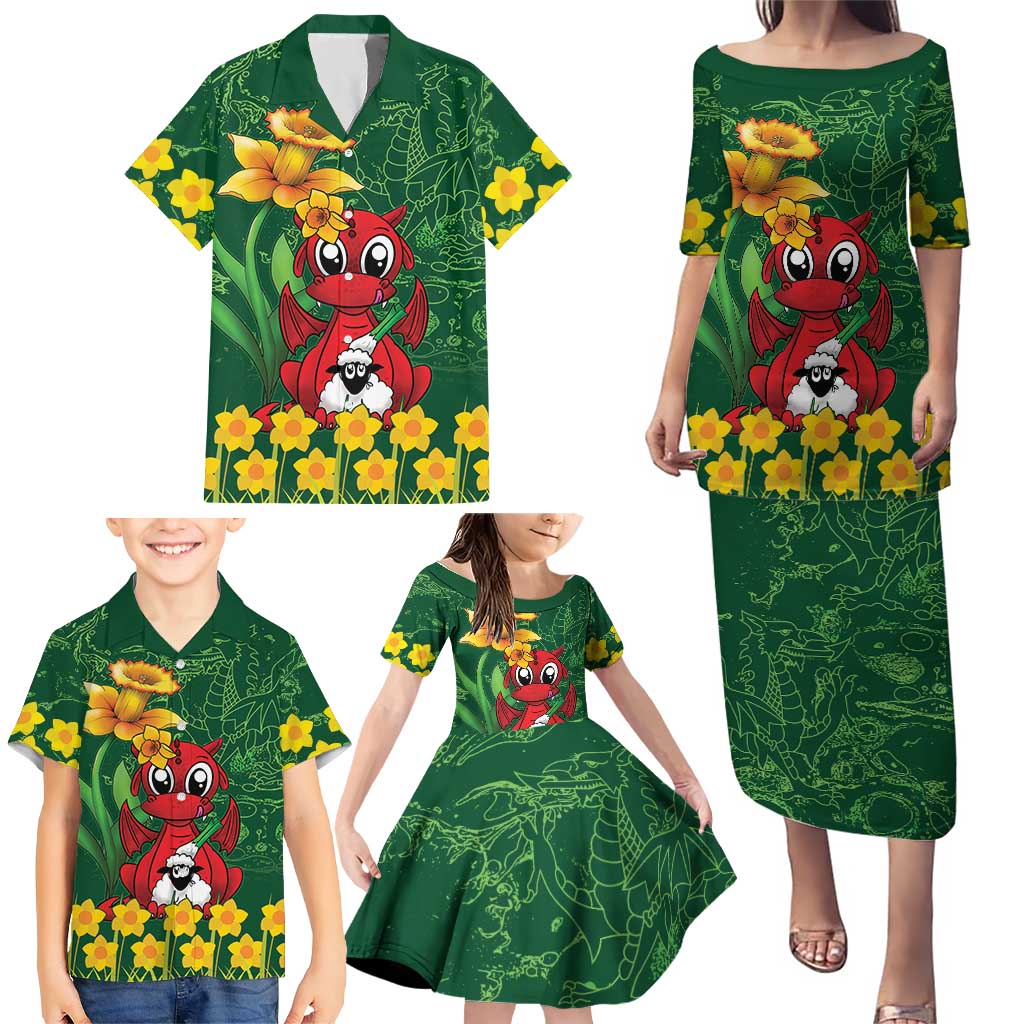 Saint David's Day Family Matching Puletasi and Hawaiian Shirt Welsh Dragons Yellow Daffodils - Wonder Print Shop