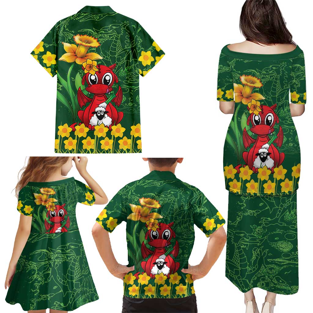 Saint David's Day Family Matching Puletasi and Hawaiian Shirt Welsh Dragons Yellow Daffodils - Wonder Print Shop