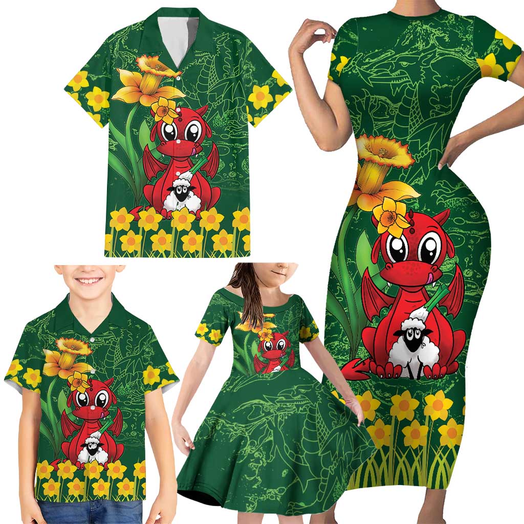Saint David's Day Family Matching Short Sleeve Bodycon Dress and Hawaiian Shirt Welsh Dragons Yellow Daffodils - Wonder Print Shop