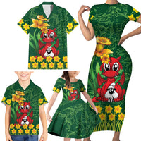 Saint David's Day Family Matching Short Sleeve Bodycon Dress and Hawaiian Shirt Welsh Dragons Yellow Daffodils - Wonder Print Shop