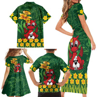 Saint David's Day Family Matching Short Sleeve Bodycon Dress and Hawaiian Shirt Welsh Dragons Yellow Daffodils - Wonder Print Shop