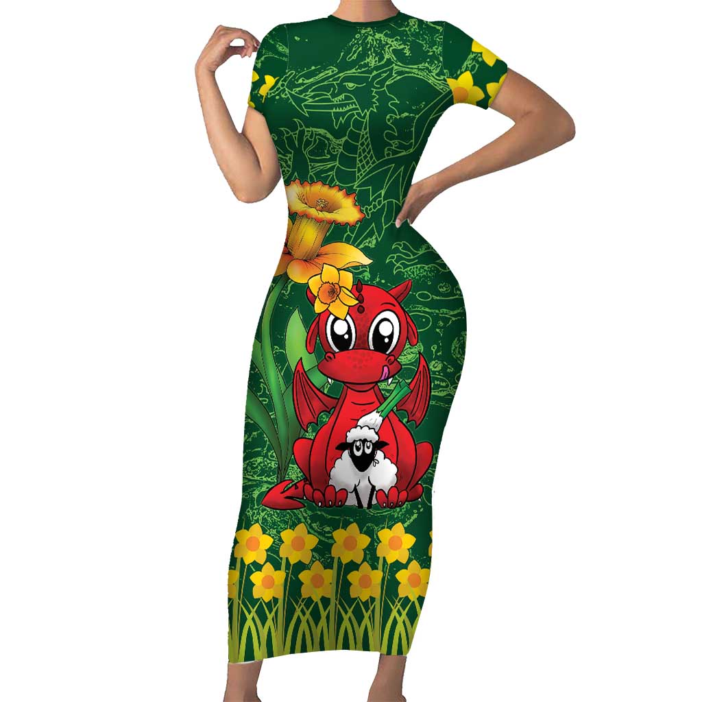 Saint David's Day Family Matching Short Sleeve Bodycon Dress and Hawaiian Shirt Welsh Dragons Yellow Daffodils - Wonder Print Shop