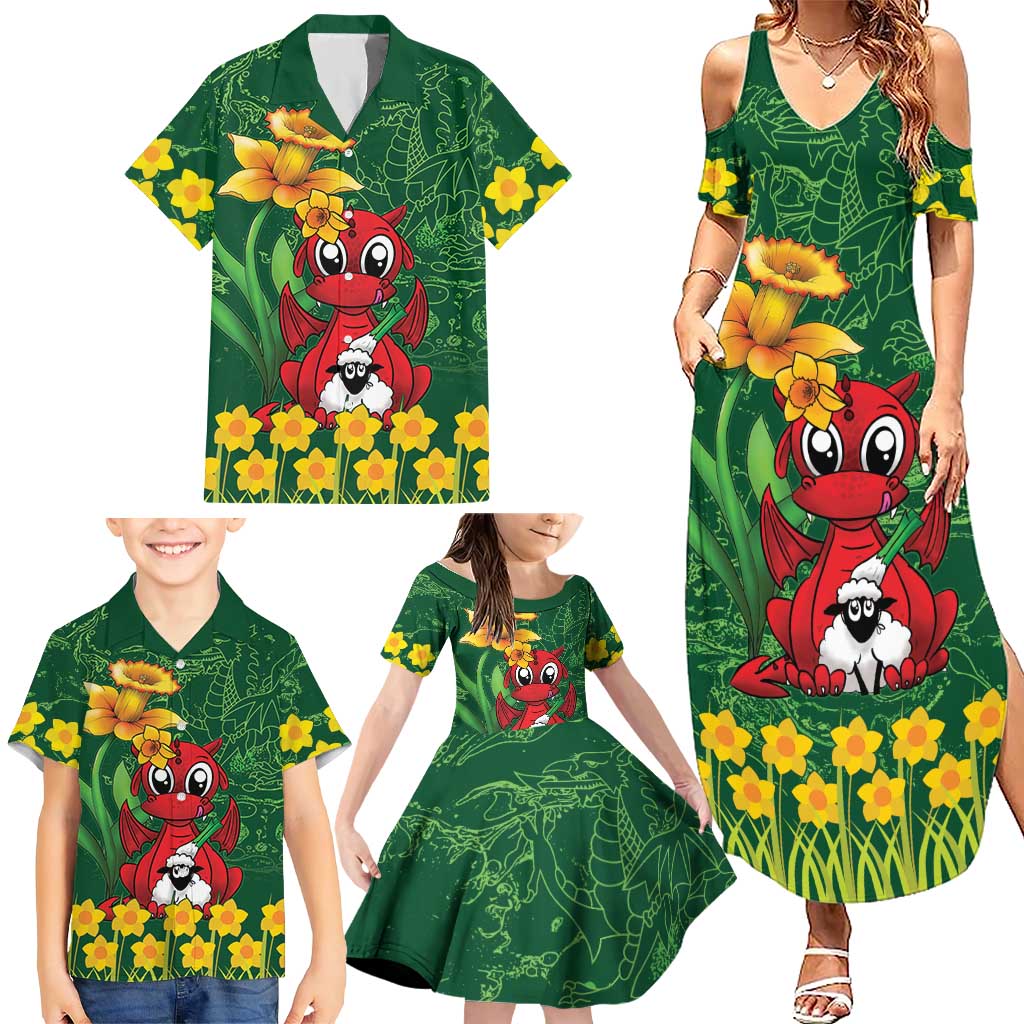 Saint David's Day Family Matching Summer Maxi Dress and Hawaiian Shirt Welsh Dragons Yellow Daffodils - Wonder Print Shop