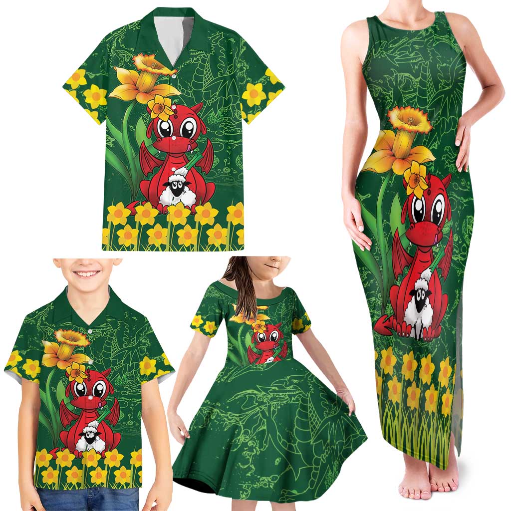 Saint David's Day Family Matching Tank Maxi Dress and Hawaiian Shirt Welsh Dragons Yellow Daffodils - Wonder Print Shop