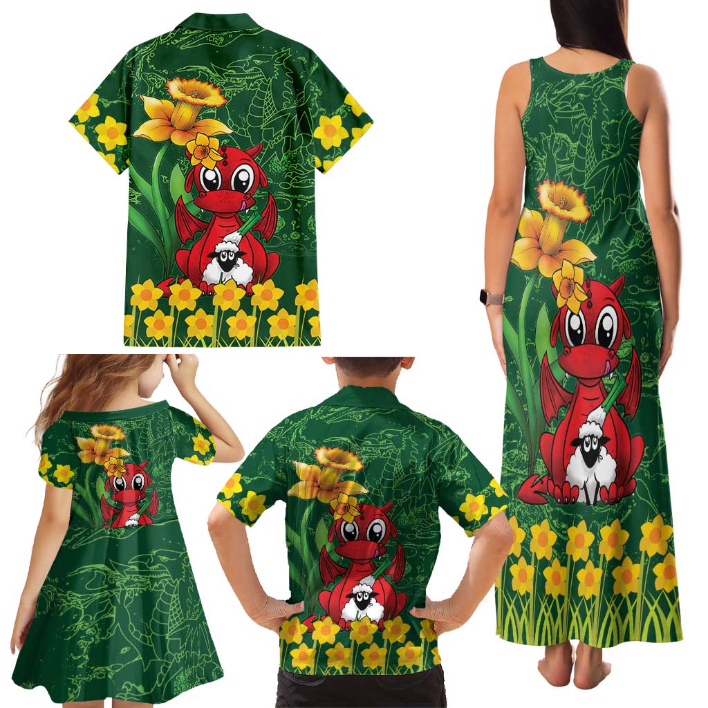 Saint David's Day Family Matching Tank Maxi Dress and Hawaiian Shirt Welsh Dragons Yellow Daffodils - Wonder Print Shop