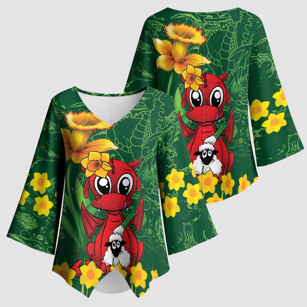 Saint David's Day Kimono Sleeve Blouse Welsh Dragons Yellow Daffodils - Wonder Print Shop