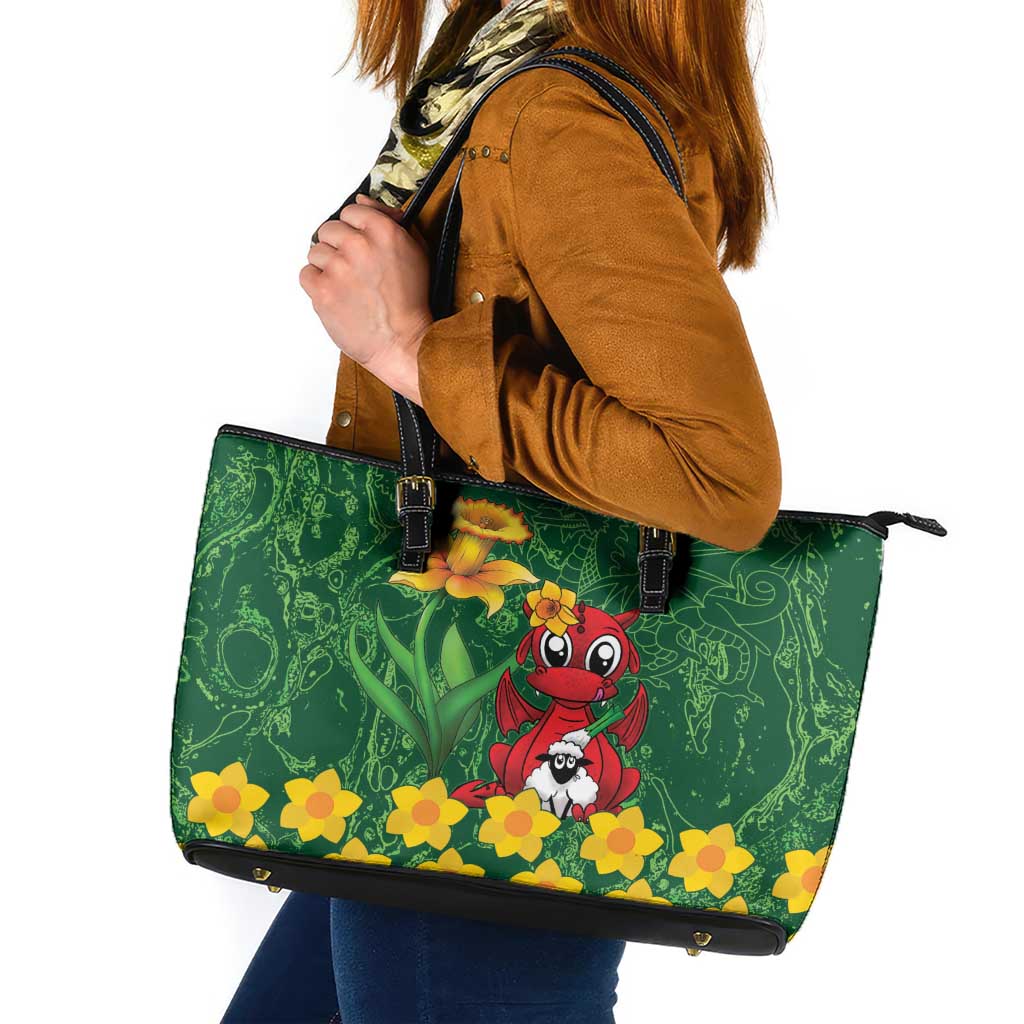 Saint David's Day Leather Tote Bag Welsh Dragons Yellow Daffodils - Wonder Print Shop