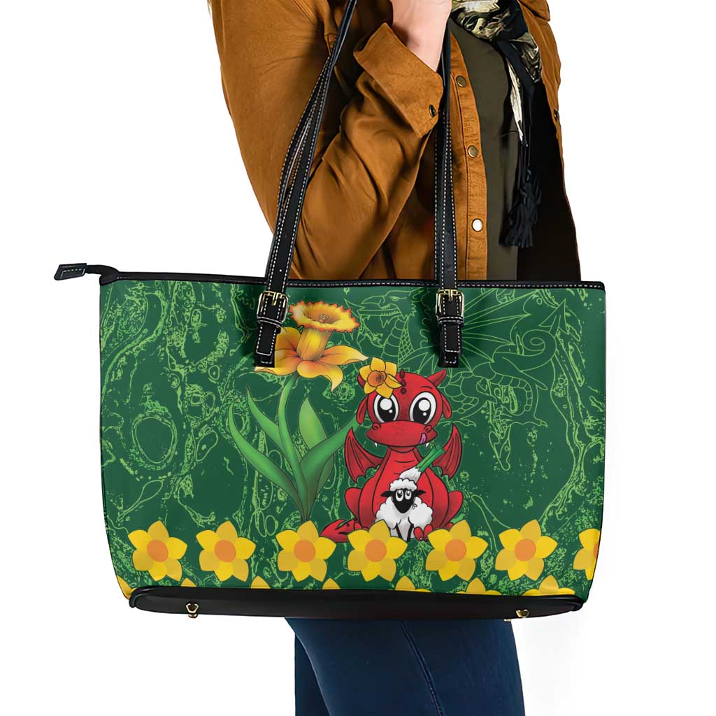 Saint David's Day Leather Tote Bag Welsh Dragons Yellow Daffodils - Wonder Print Shop