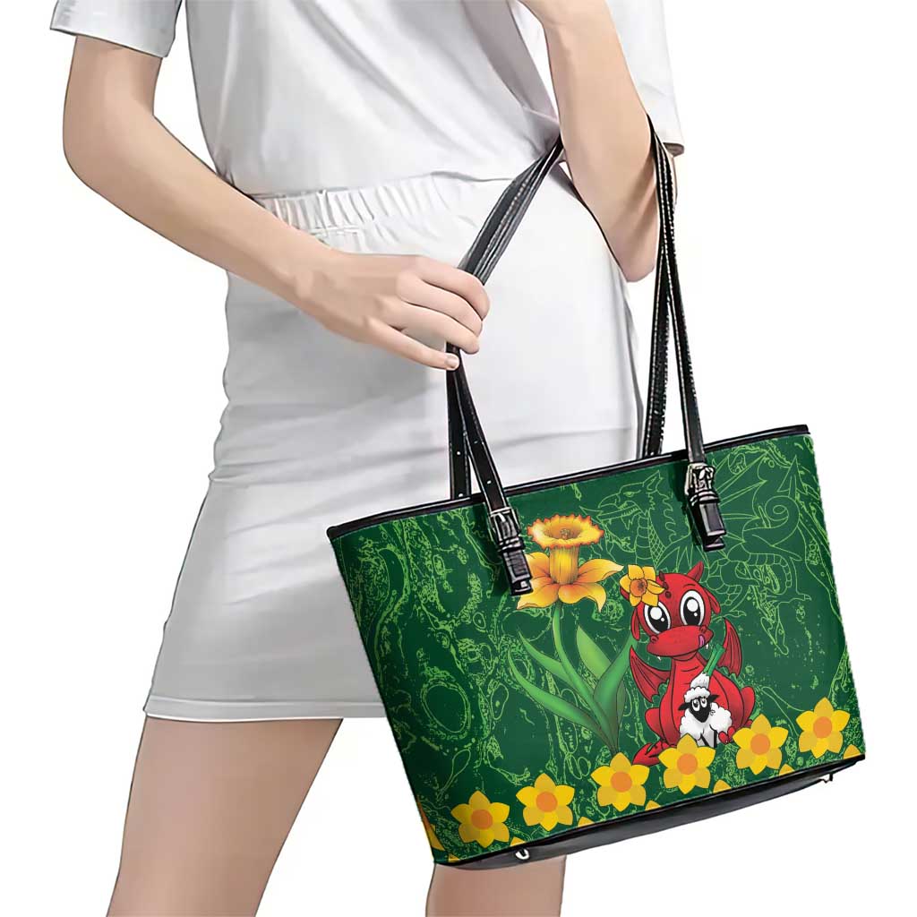 Saint David's Day Leather Tote Bag Welsh Dragons Yellow Daffodils - Wonder Print Shop