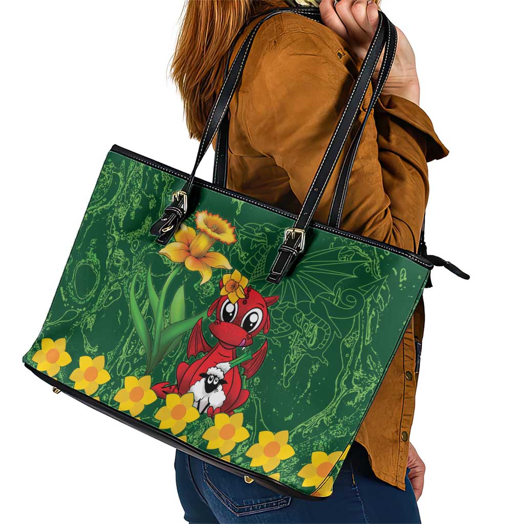 Saint David's Day Leather Tote Bag Welsh Dragons Yellow Daffodils - Wonder Print Shop