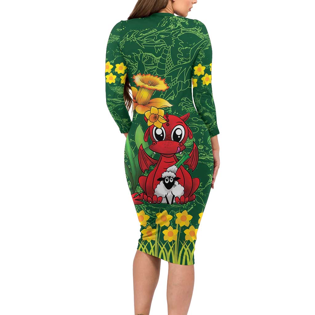 Saint David's Day Long Sleeve Bodycon Dress Welsh Dragons Yellow Daffodils - Wonder Print Shop