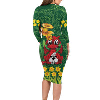 Saint David's Day Long Sleeve Bodycon Dress Welsh Dragons Yellow Daffodils - Wonder Print Shop