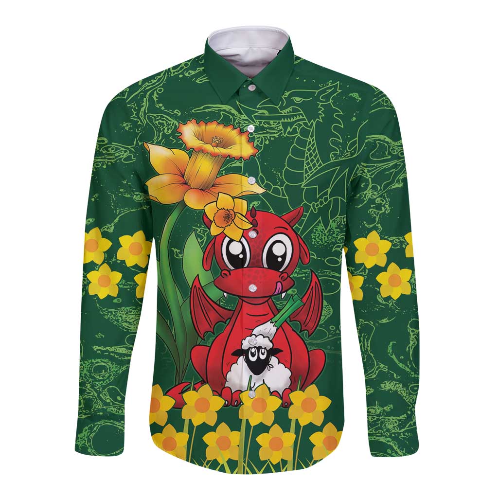 Saint David's Day Long Sleeve Button Shirt Welsh Dragons Yellow Daffodils - Wonder Print Shop