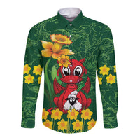 Saint David's Day Long Sleeve Button Shirt Welsh Dragons Yellow Daffodils - Wonder Print Shop