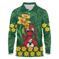 Saint David's Day Long Sleeve Polo Shirt Welsh Dragons Yellow Daffodils - Wonder Print Shop