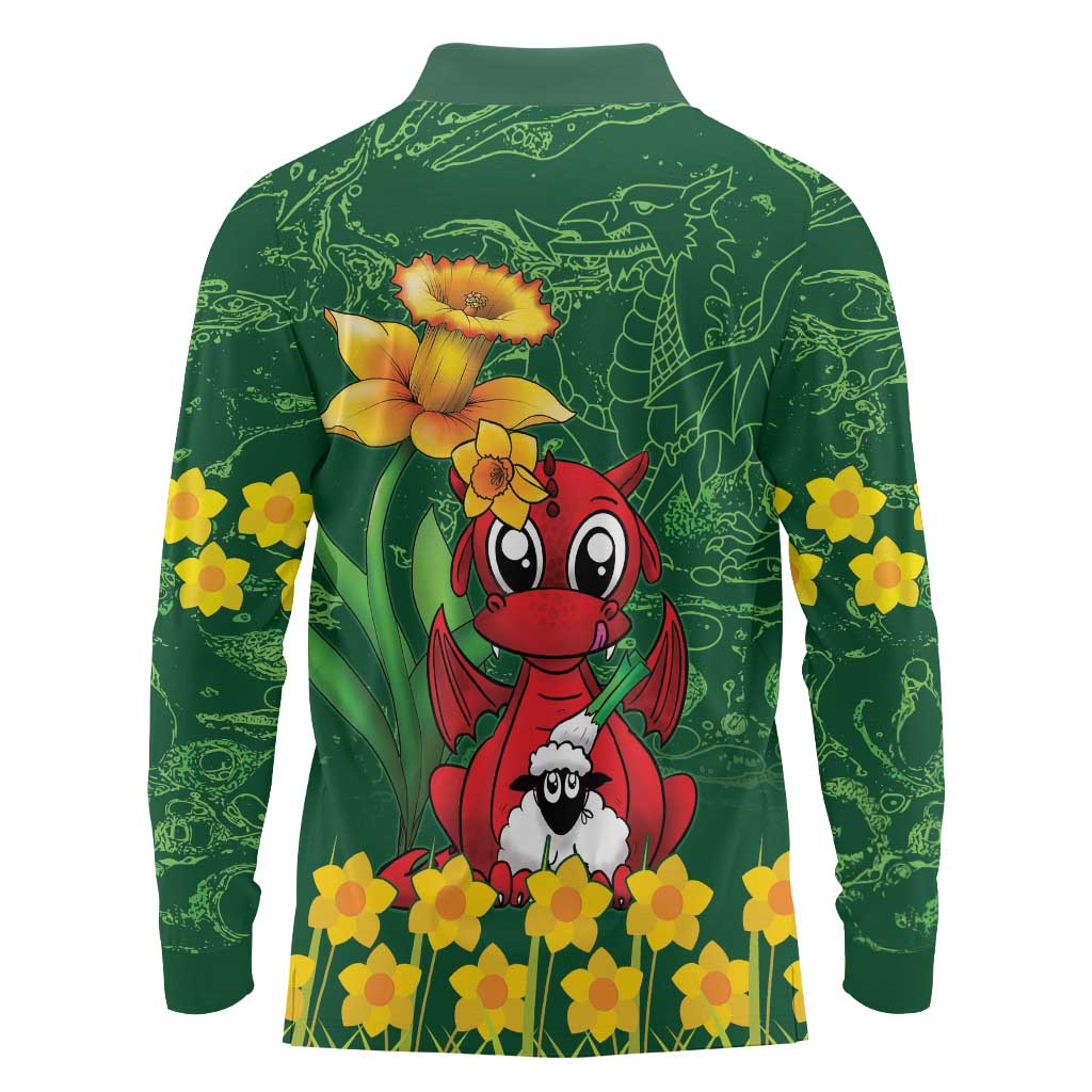 Saint David's Day Long Sleeve Polo Shirt Welsh Dragons Yellow Daffodils - Wonder Print Shop