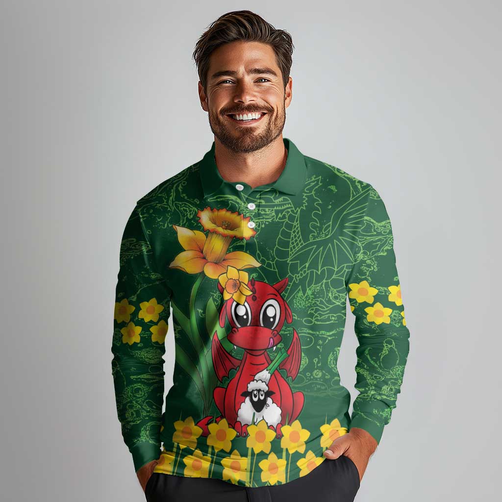 Saint David's Day Long Sleeve Polo Shirt Welsh Dragons Yellow Daffodils - Wonder Print Shop