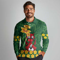 Saint David's Day Long Sleeve Polo Shirt Welsh Dragons Yellow Daffodils - Wonder Print Shop