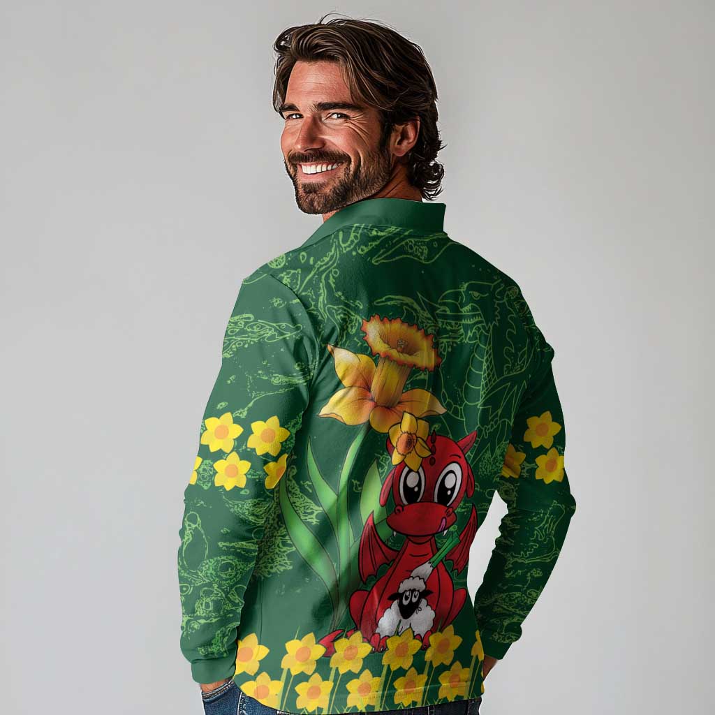 Saint David's Day Long Sleeve Polo Shirt Welsh Dragons Yellow Daffodils - Wonder Print Shop